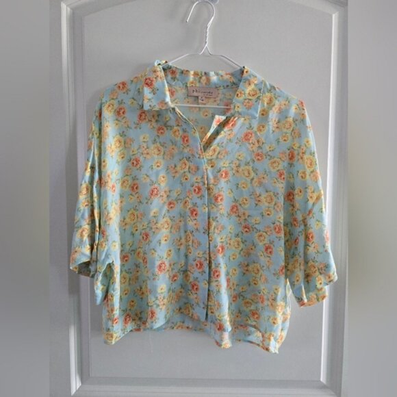 Philosophy Blue Orange Yellow Flowy Vintage Style Boxy Crop Button Down Shirt - Picture 1 of 1